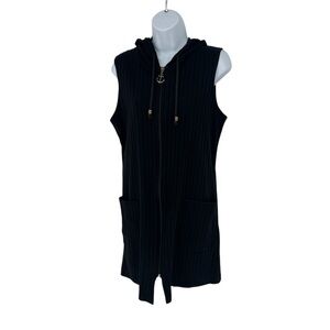 Dotti Black Beach Swim Ribbed Full Zip Up Hooded Gold Anchor Cover Up Large